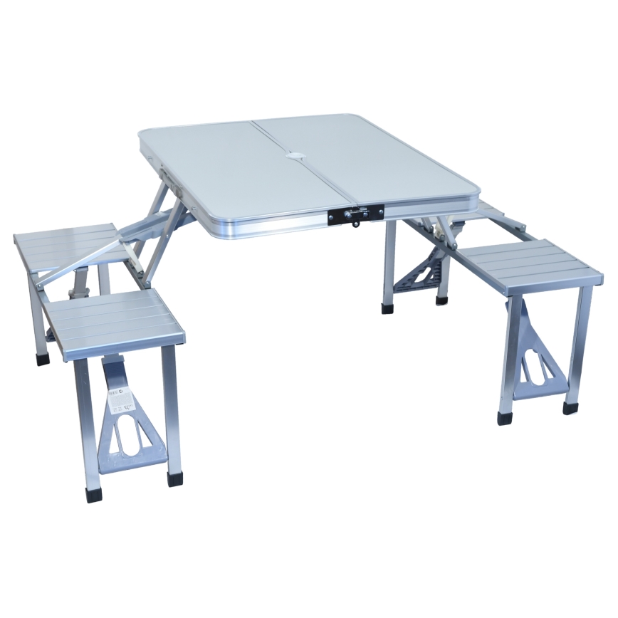 Foldbart campingbord med stole hvid/mat krom