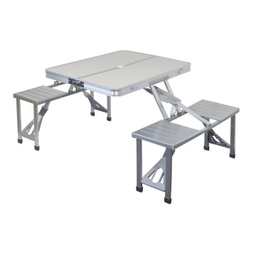 Foldbart campingbord med stole hvid/mat krom