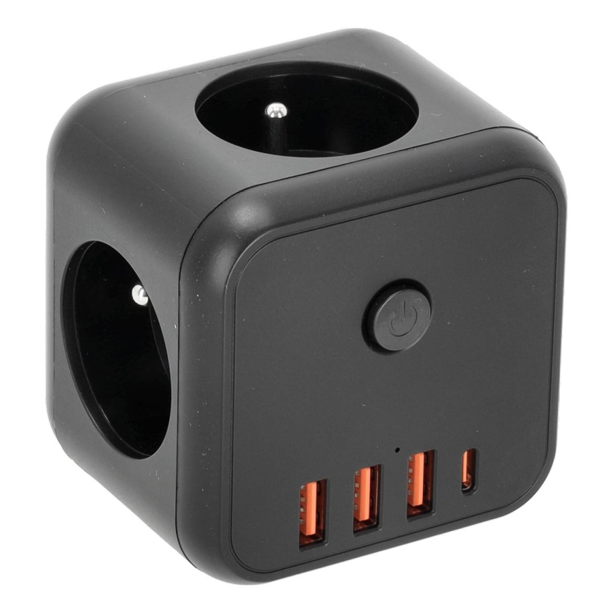 Forgreningsled med kontakt LINEA 3x230V + 4xUSB A/C sort