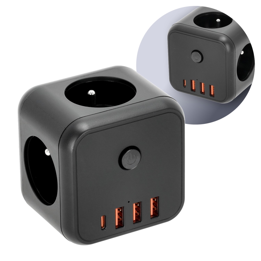 Forgreningsled med kontakt LINEA 3x230V + 4xUSB A/C sort