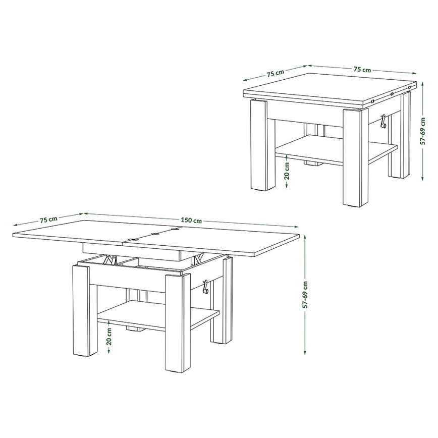 Forlængeligt sofabord med hævebar bordplade CALEB 75/150x75 cm hvid