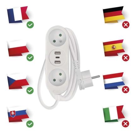 Forlængerkabel 2Z + 2x USB-A + USB-C 1,4 m