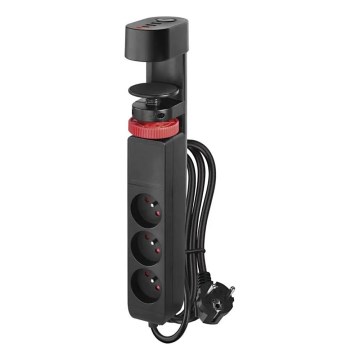 Forlængerledning m. fastgørelse til bord 3Z + 3xUSB 1,5 m sort