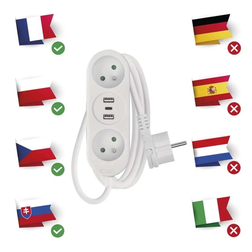 Forlængerledning med 2 stikkontakter + 2x USB-A + USB-C, 1,4 m