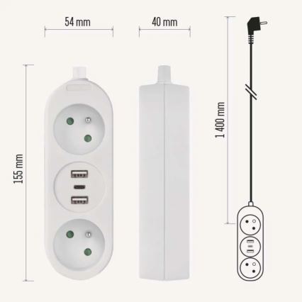 Forlængerledning med 2 stikkontakter + 2x USB-A + USB-C, 1,4 m