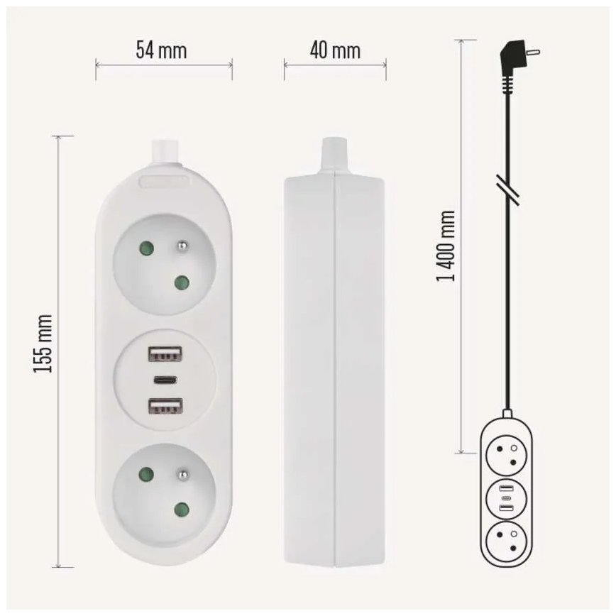 Forlængerledning med 2 stikkontakter + 2x USB-A + USB-C, 1,4 m