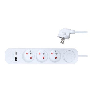 Forlængerledning med afbryder 3 stik + 2xUSB 2m hvid