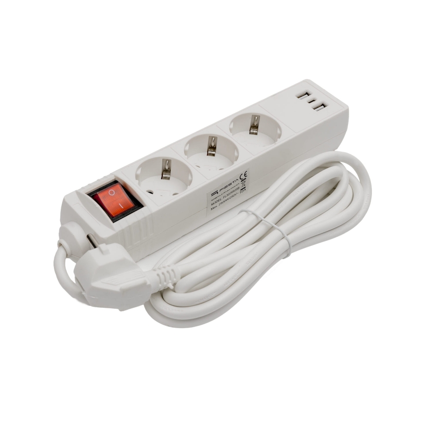 Forlængerledning med afbryder, 3 stikkontakter + 2x USB-A + 1x USB-C, 3 m, Schuko, hvid