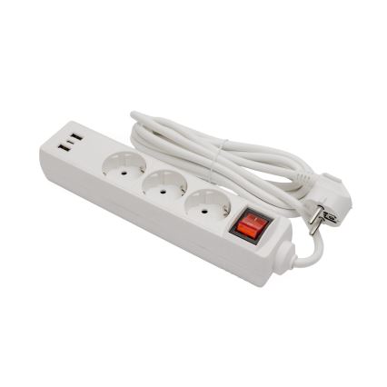 Forlængerledning med afbryder, 3 stikkontakter + 2x USB-A + 1x USB-C, 3 m, Schuko, hvid