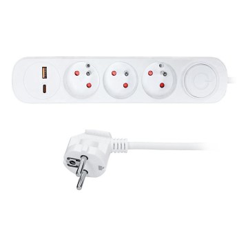 Forlængerledning med afbryder, 3 udtag og USB A- og C-opladning, 2 m