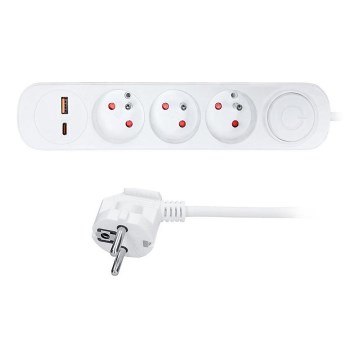 Forlængerledning med afbryder, 3 udtag og USB-A og USB-C-opladning, 5 m