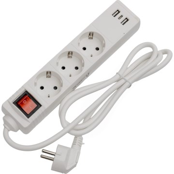 Forlængerledning med afbryder, 3x udtag, 2x USB-A, 1x USB-C, 1,5 m, Schuko, hvid