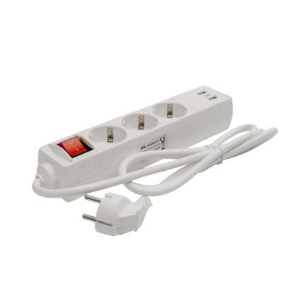 Forlængerledning med afbryder, 3x udtag, 2x USB-A, 1x USB-C, 1,5 m, Schuko, hvid