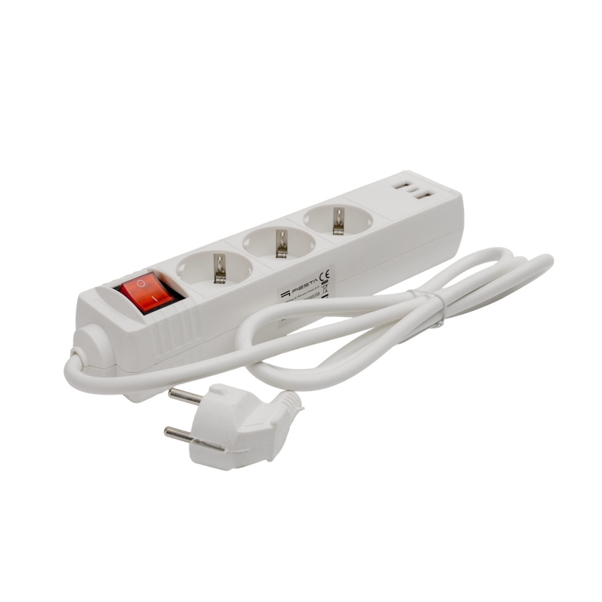 Forlængerledning med afbryder, 3x udtag, 2x USB-A, 1x USB-C, 1,5 m, Schuko, hvid