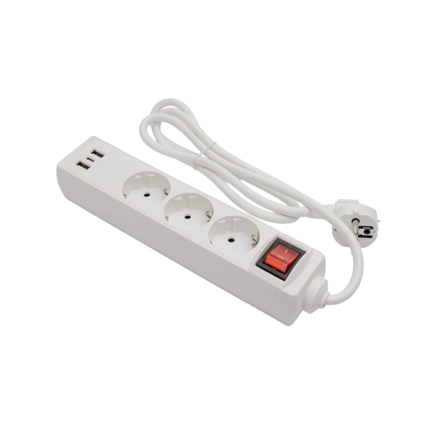 Forlængerledning med afbryder, 3x udtag, 2x USB-A, 1x USB-C, 1,5 m, Schuko, hvid