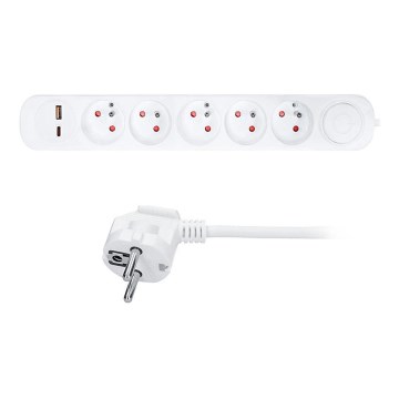 Forlængerledning med afbryder, 5 udtag og USB-A/USB-C-opladning, 3 m