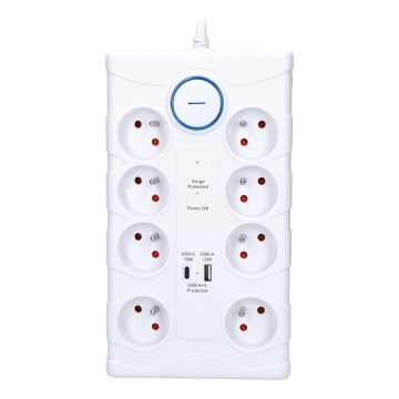 Forlængerledning med afbryder, 8 udtag, Type E + 1x USB-A + 1x USB-C, 2 m, hvid