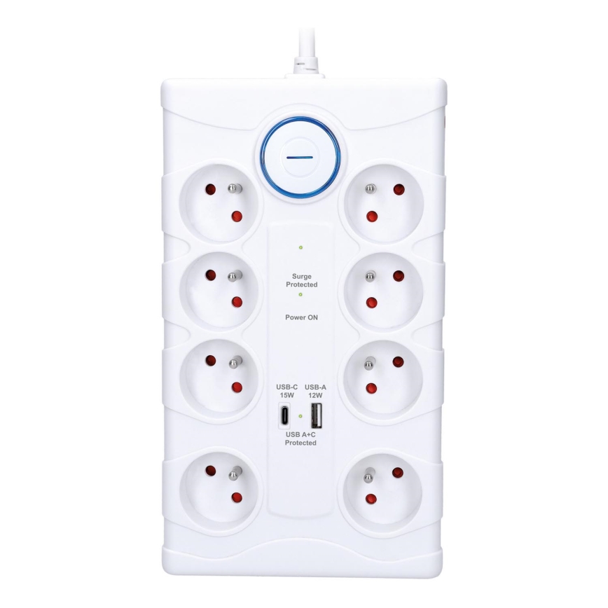 Forlængerledning med afbryder, 8 udtag, Type E + 1x USB-A + 1x USB-C, 2 m, hvid