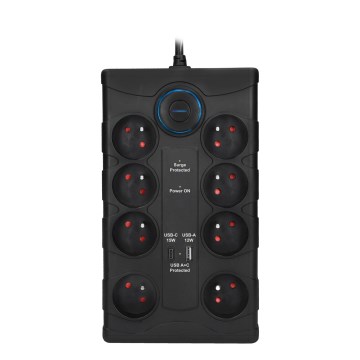 Forlængerledning med afbryder 8Z Type E + 1xUSB-A + 1xUSB-C 2m sort