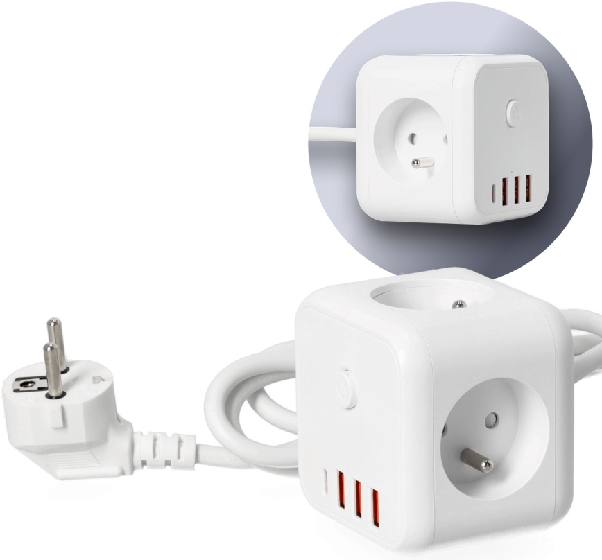 Forlængerledning terning med kontakt LINEA 3x230V + 4xUSB A/C hvid