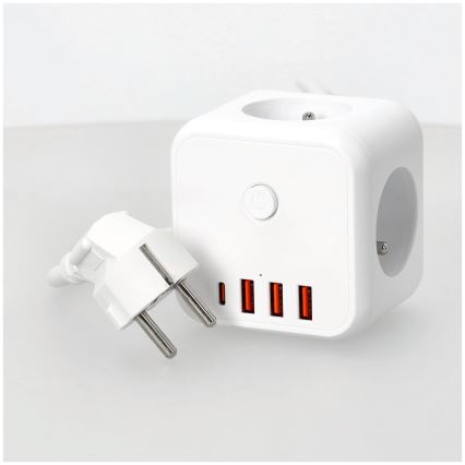 Forlængerledning terning med kontakt LINEA 3x230V + 4xUSB A/C hvid