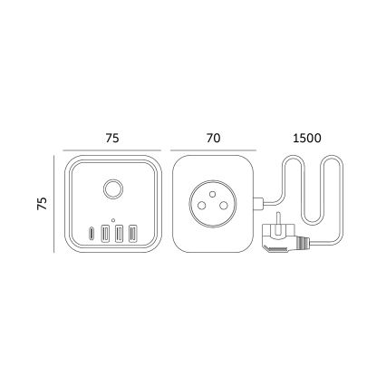 Forlængerledning terning med kontakt LINEA 3x230V + 4xUSB A/C hvid
