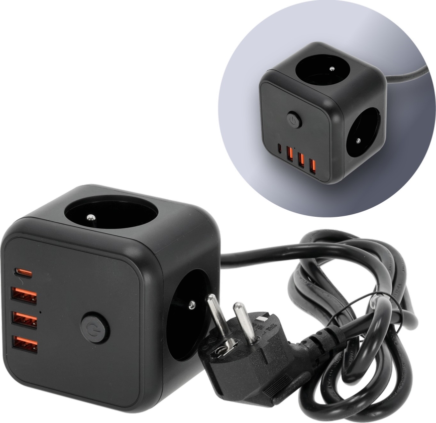 Forlængerledning terning med kontakt LINEA 3x230V + 4xUSB A/C sort