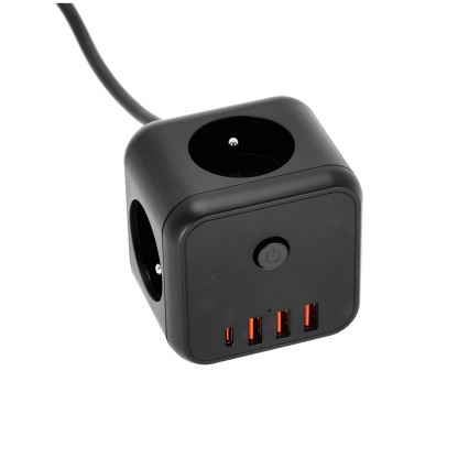Forlængerledning terning med kontakt LINEA 3x230V + 4xUSB A/C sort