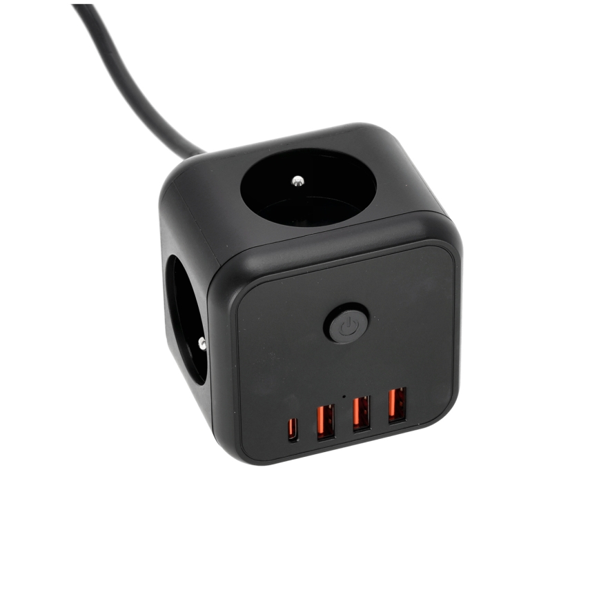 Forlængerledning terning med kontakt LINEA 3x230V + 4xUSB A/C sort