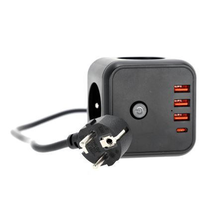 Forlængerledning terning med kontakt LINEA 3x230V + 4xUSB A/C sort