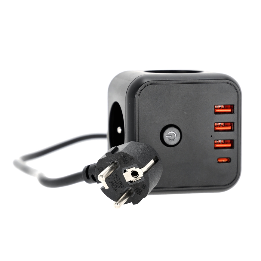 Forlængerledning terning med kontakt LINEA 3x230V + 4xUSB A/C sort