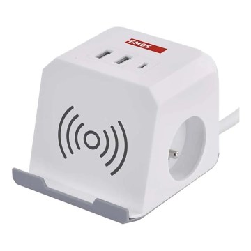 Forlængerledning terning med trådløs opladning QI 2Z +2xUSB-A+1xUSB-C 2 m hvid