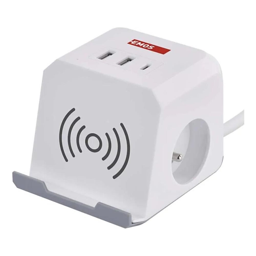 Forlængerledning terning med trådløs opladning QI 2Z +2xUSB-A+1xUSB-C 2 m hvid