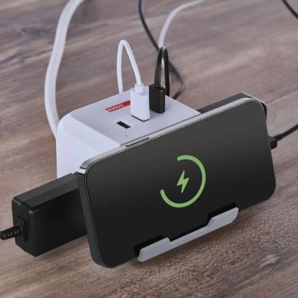 Forlængerledning terning med trådløs opladning QI 2Z +2xUSB-A+1xUSB-C 2 m hvid