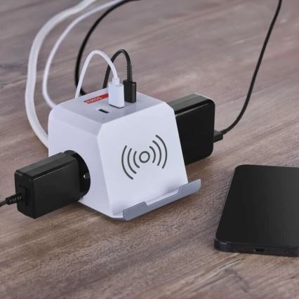 Forlængerledning terning med trådløs opladning QI 2Z +2xUSB-A+1xUSB-C 2 m hvid