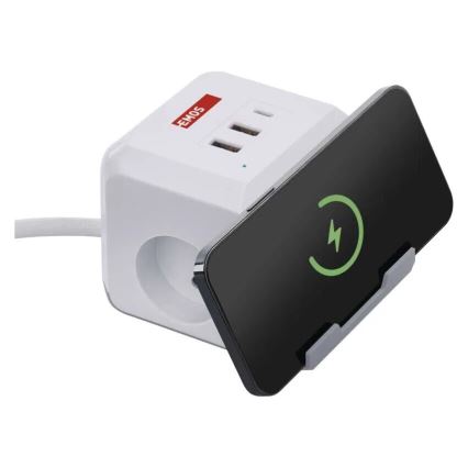 Forlængerledning terning med trådløs opladning QI 2Z +2xUSB-A+1xUSB-C 2 m hvid