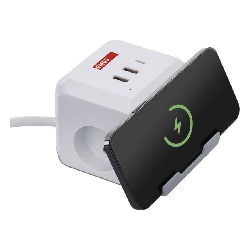 Forlængerledning terning med trådløs opladning QI 2Z +2xUSB-A+1xUSB-C 2 m hvid