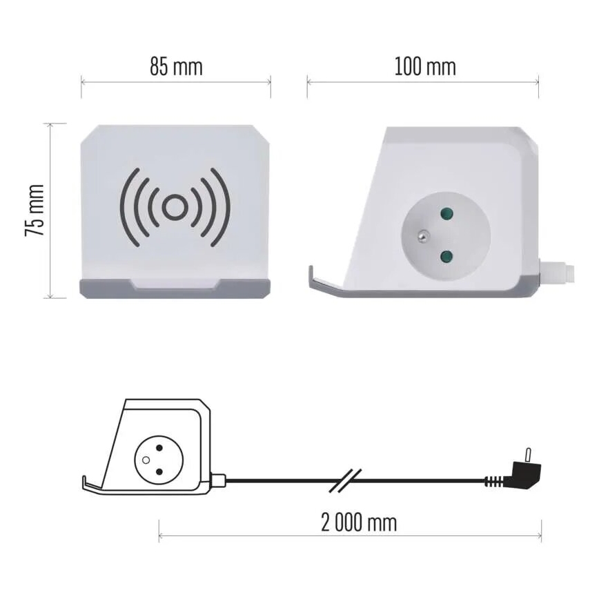 Forlængerledning terning med trådløs opladning QI 2Z +2xUSB-A+1xUSB-C 2 m hvid