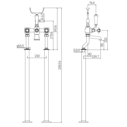 Fritstående badekarsæt med blandingsbatteri, 106,3 cm, poleret krom