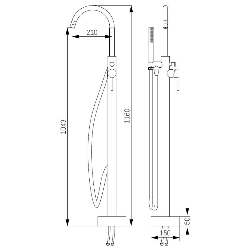 Fritstående badekarsæt med blandingsbatteri, 116 cm, sort
