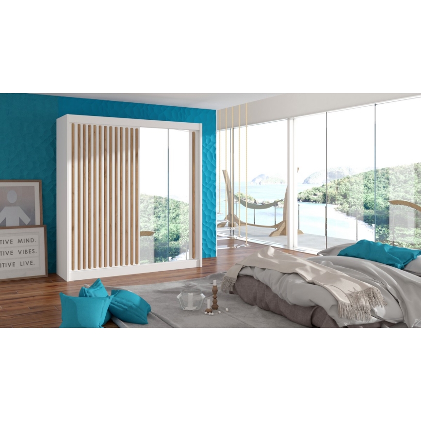 Garderobeskab med spejl SANTINO 203x215 cm hvid/eg craft