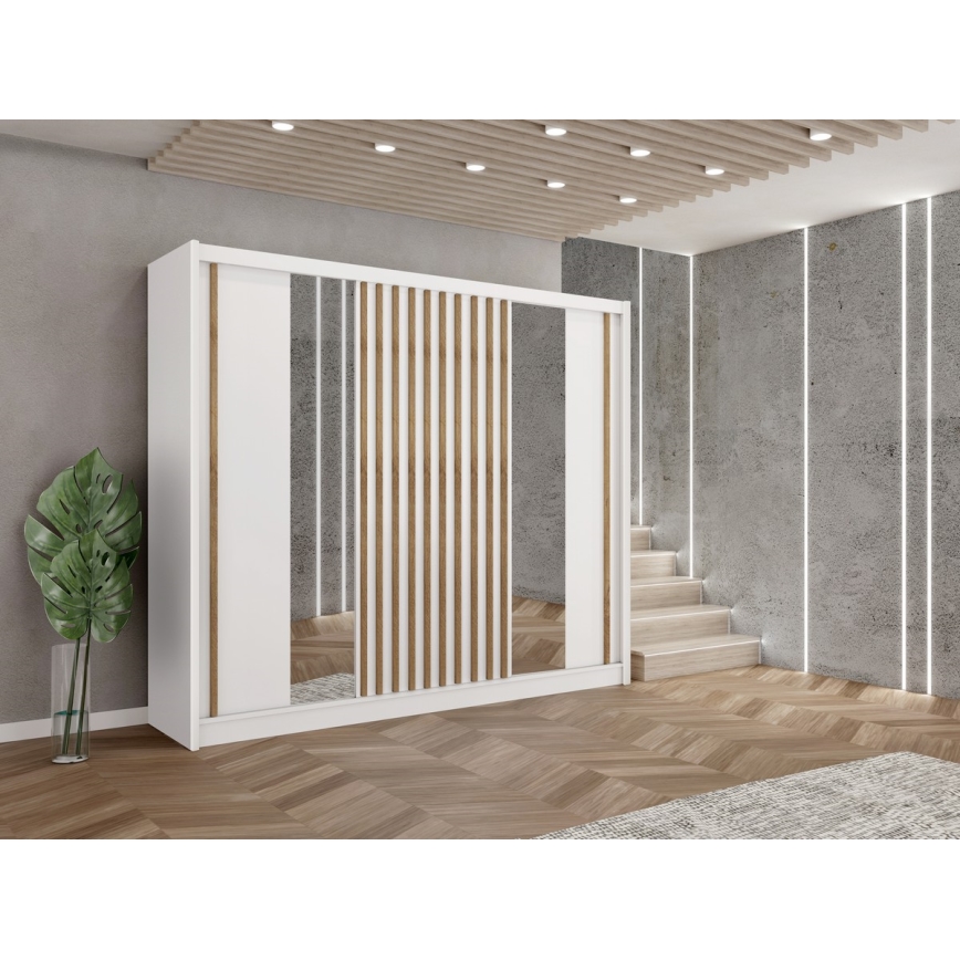 Garderobeskab med spejl SANTINO 250x215 cm hvid/eg craft