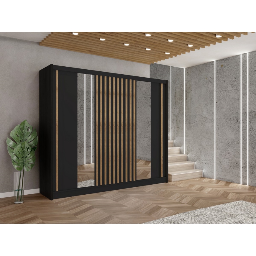 Garderobeskab med spejl SANTINO 250x215 cm sort/craft-eg