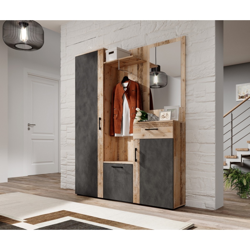 Garderobevæg med spejl NOLAN brun/grafit