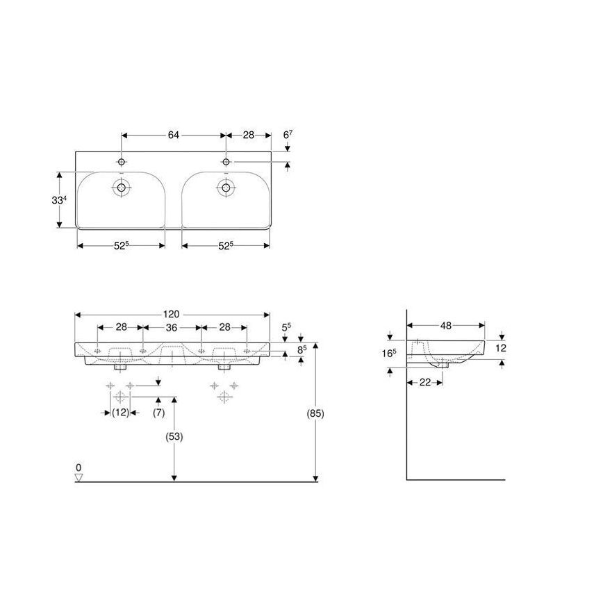 Geberit 500.223.01.1 - Vægmonteret dobbelt håndvask Smyle Square 120x48 cm keramik/hvid