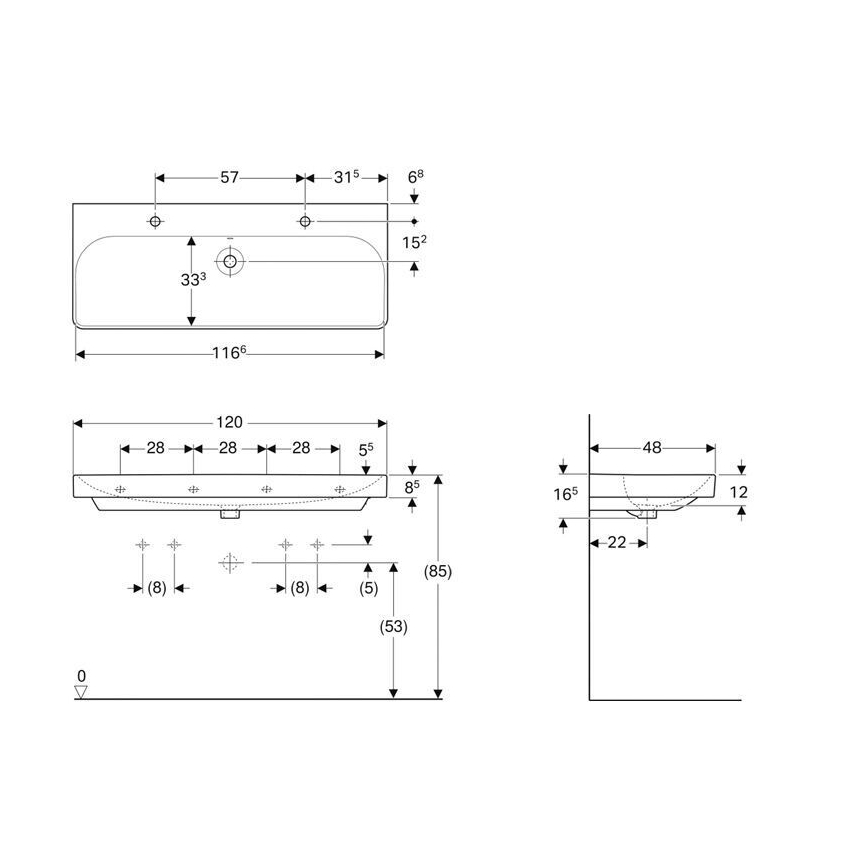 Geberit 500.253.01.1 - Vægmonteret dobbelt håndvask Smyle Square 120x48 cm keramik/hvid