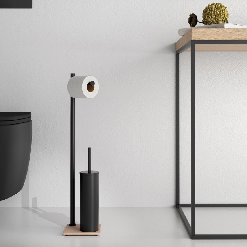 Gedy - Fritstående toiletbørste med toiletpapirholder TRILLY, mat sort/bambus