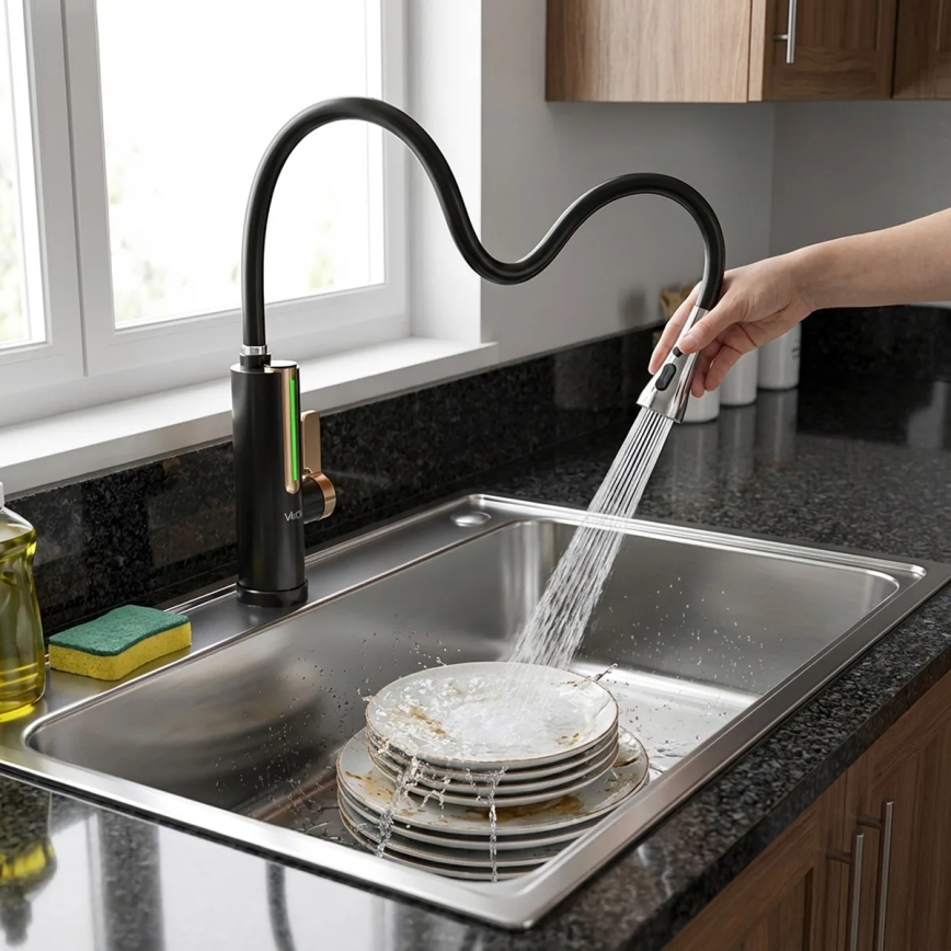 Gennemstrømningsvandvarmer med LED-display 3000W/230V IPX4 sort/guld