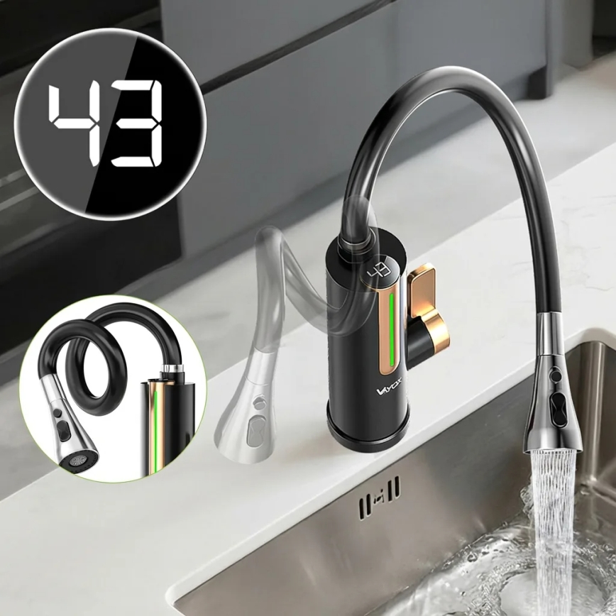 Gennemstrømningsvandvarmer med LED-display 3000W/230V IPX4 sort/guld