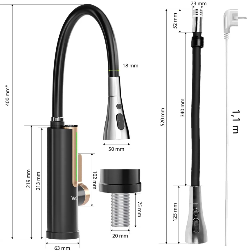 Gennemstrømningsvandvarmer med LED-display 3000W/230V IPX4 sort